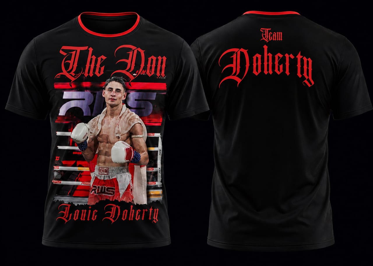 Front and back of the black Team Doherty The Don t-shirt