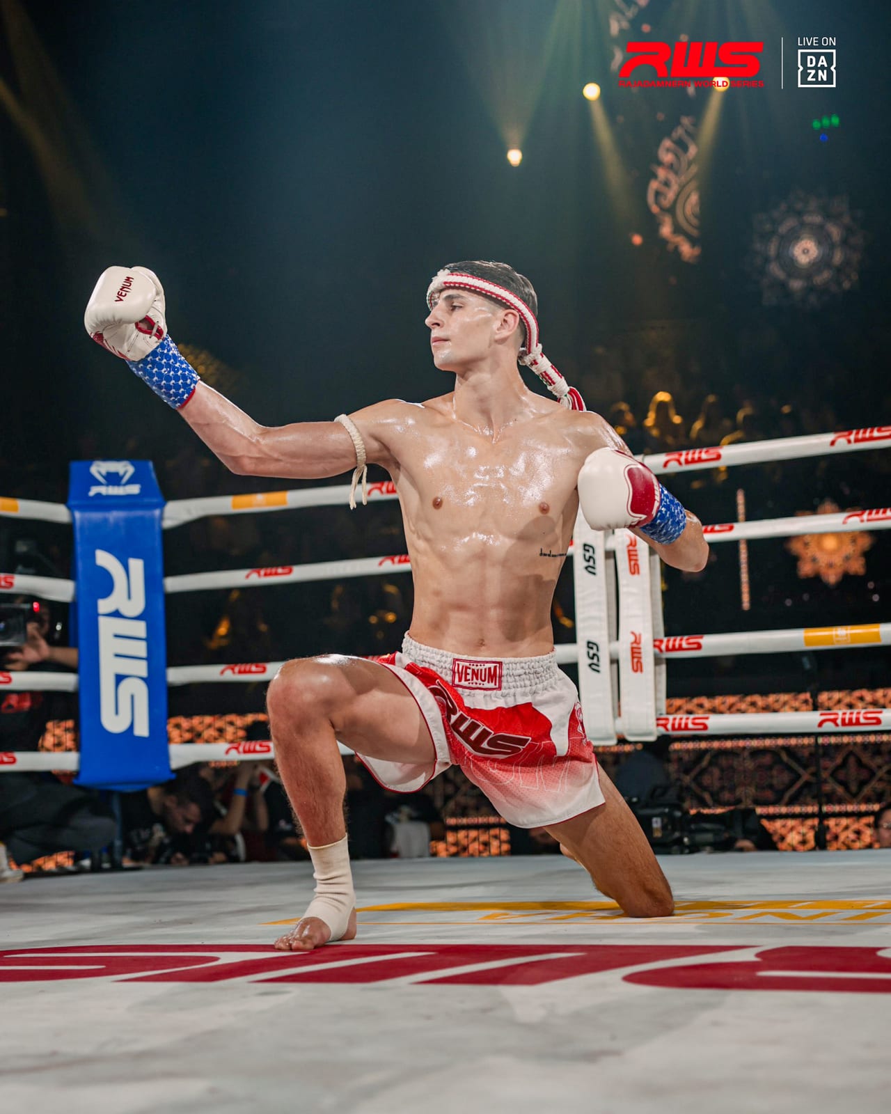 Louie Doherty performing the Wai Kru Ram Muay wearing a mongkhon